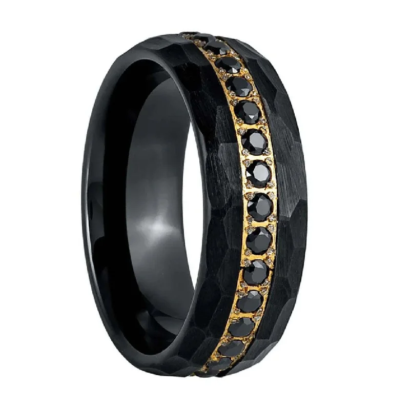 Rings Radiance Tricks-Gold & Black Cubic Zirconia Hammered Black Tungsten Men's Wedding Band