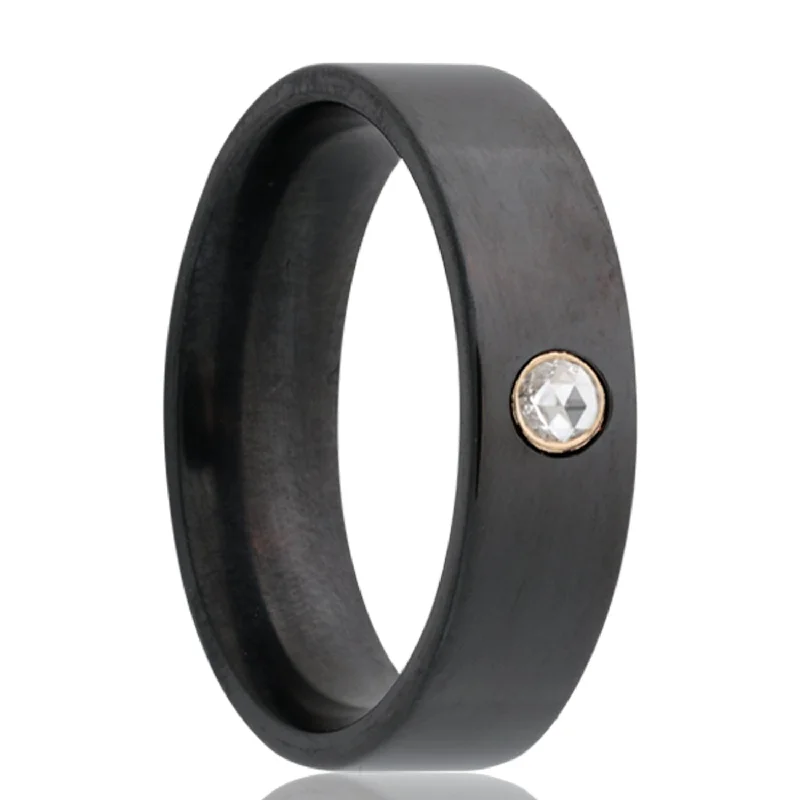 Rings For Frosty Evenings-Zirconium Wedding Band with Yellow Gold Bezel Set Diamond