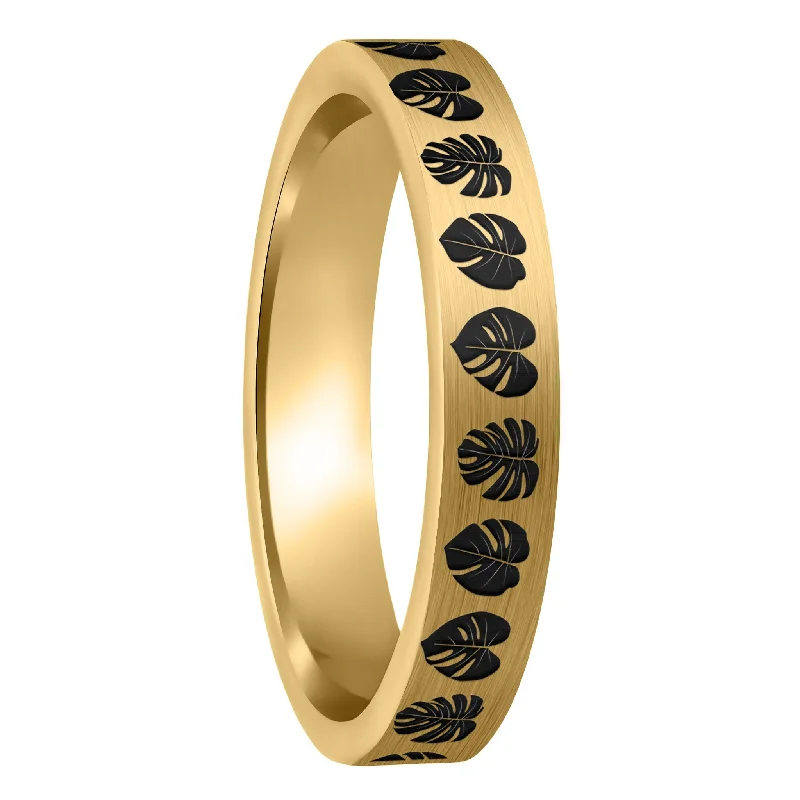 Rings For Hustling Grown-Ups-Monsterra Leaves Brushed Gold Tungsten Women's Wedding Band