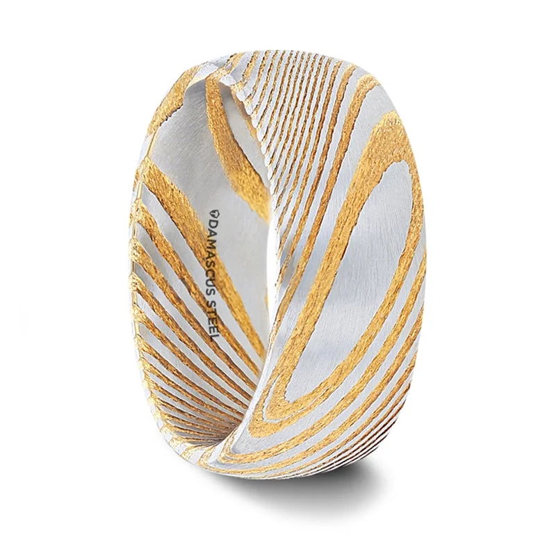 Rings With Asymmetrical Cuts-Gold Domed Damascus Steel Men's Wedding Band