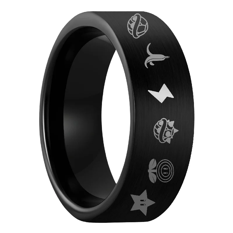 Gentle Rings For Touch-Mario Kart Items Brushed Black Tungsten Men's Wedding Band