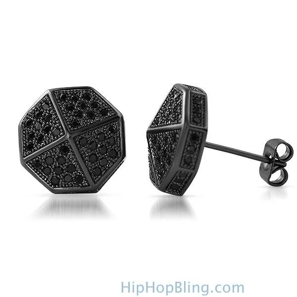 Earrings Grab Tips-3D Pointed Octagon Black CZ Hip Hop Earrings