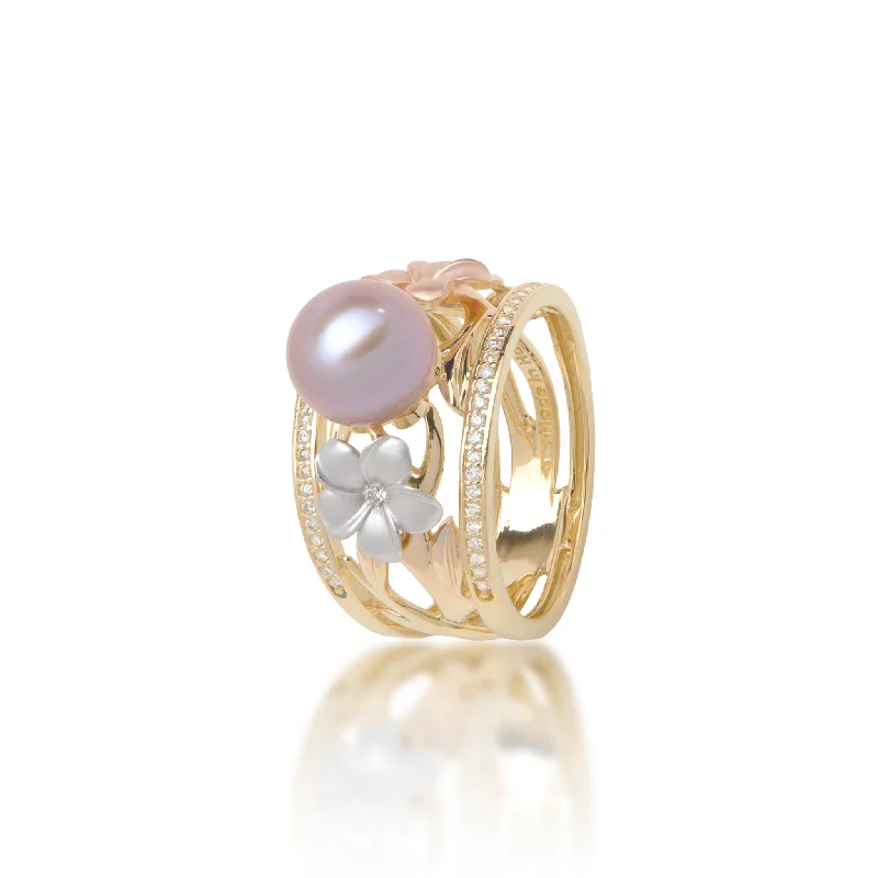 Rings Ensemble Charts-Pearls in Bloom Plumeria Lavender Freshwater Pearl Ring in Tri Color Gold with Diamonds - 12mm