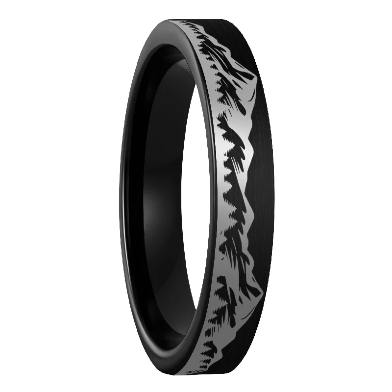 Rings Dust Hacks-Mountain Range Forest Brushed Black Tungsten Women's Wedding Band