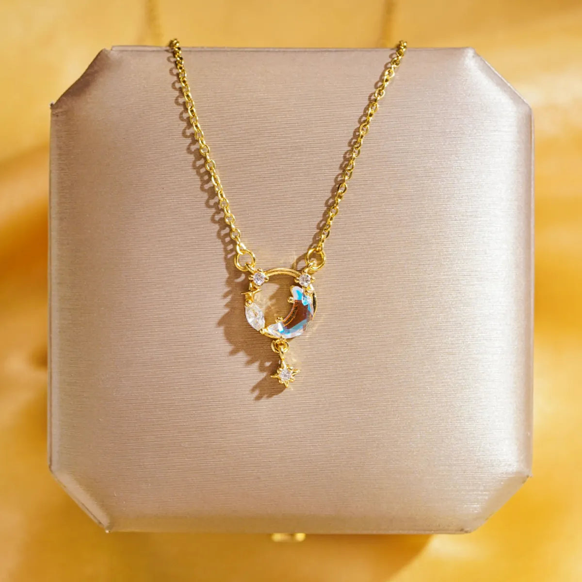 Necklaces For Soft Spark-304 Stainless Steel Copper 18K Gold Plated K Gold Plated Elegant Shiny Hollow Out Inlay Star Moon Zircon Pendant Necklace