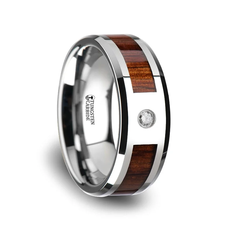 Rings Steal Reviews-Tungsten Men's Wedding Band with Koa Wood Inlay & Diamond