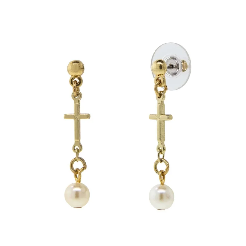 Earrings With Onyx Shine-Symbols Of Faith Cross Drop White Faux Pearl Dangle Earrings