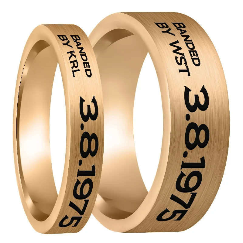 Rings Wear Scores-Duck Band Style Custom Engraved Brushed Rose Gold Tungsten Couple's Matching Ring Set