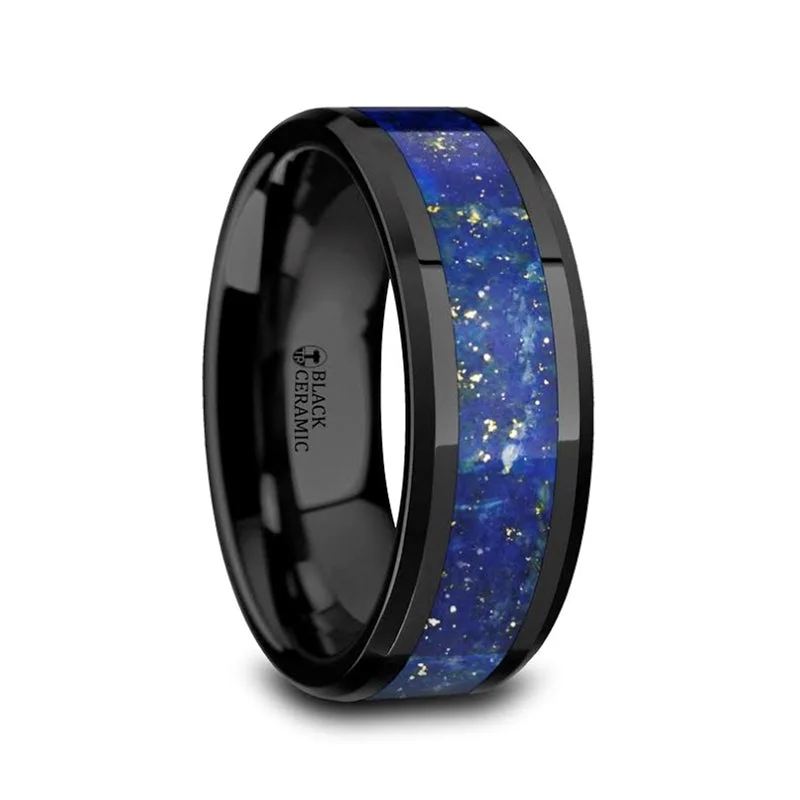 Rings Ensemble Inspirations-Black Ceramic Men's Wedding Band with Blue Lapis Lazuli Inlay