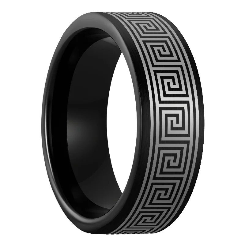 Rings For Bare Scalps-Greek Key Brushed Black Tungsten Men's Wedding Band