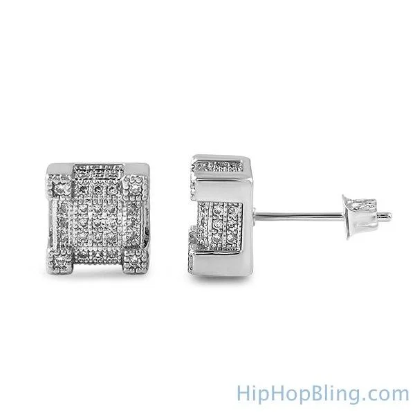 Earrings For Strong Glow-Cube Iced Out CZ Earrings Rhodium