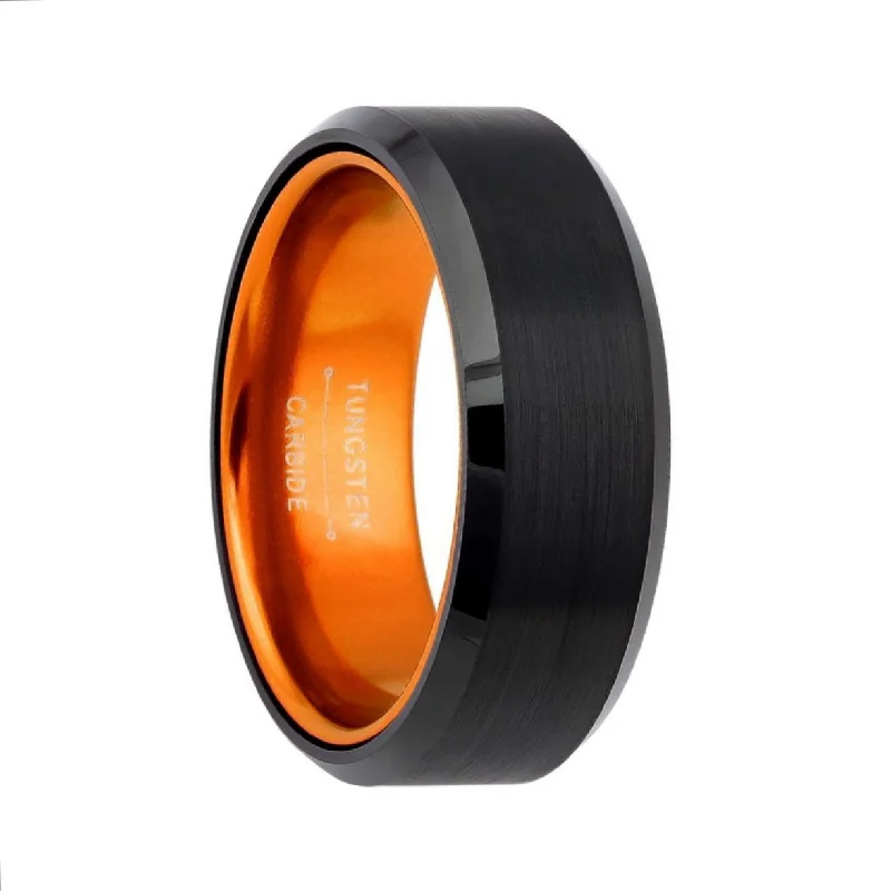 Rings With Sculpted Bands-Flat Black Tungsten Men's Wedding Band with Contrasting Orange Interior