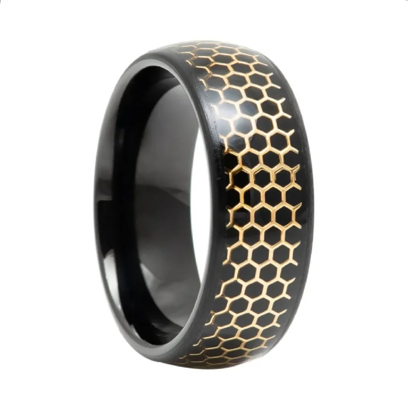 Crisp Vibe Rings-Gold Hexagon Honeycomb Black Tungsten Men's Wedding Band