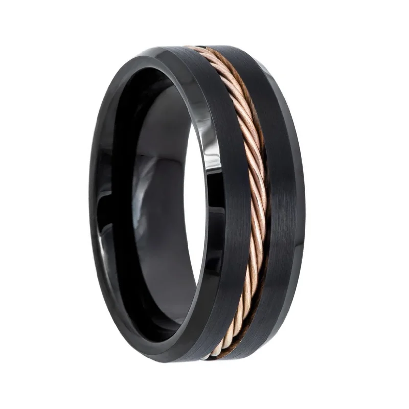 Worn Rings For Story-Black Tungsten Wedding Band with Rose Gold Twisted Cable Inlay