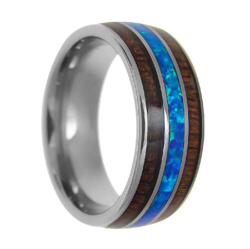 Rings Gauge Ratings-Men's Tungsten Wedding Band with Blue Opal & Koa Wood Inlays