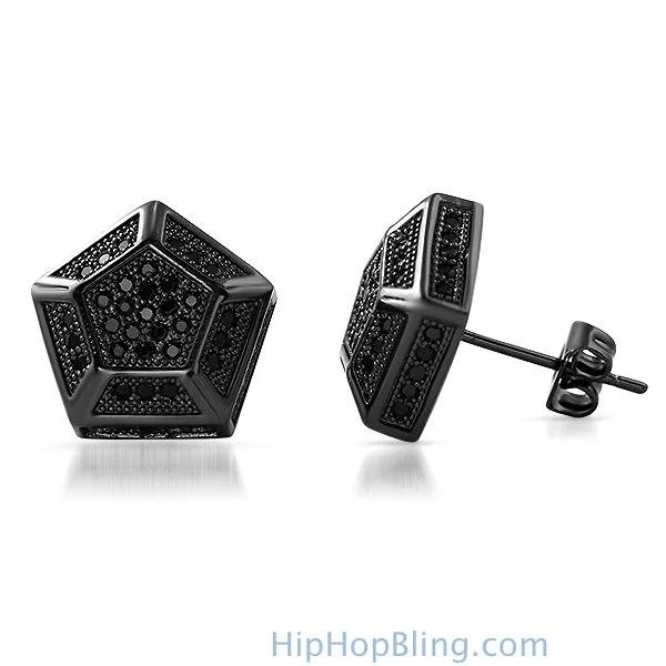 Best High Earrings-3D Pentagon Black CZ Bling Bling Earrings