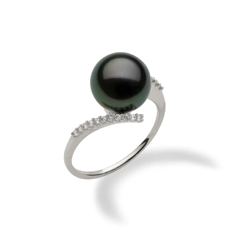 Rings With Sculpted Bands-Tahitian Black Pearl Ring in White Gold with Diamonds - 10-11mm