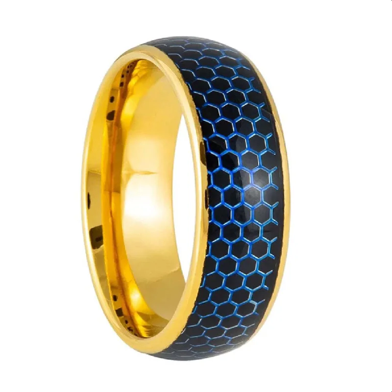 Rings Slip Resistance-Blue & Black Honeycomb Inlay Gold Tungsten Men's Wedding Band