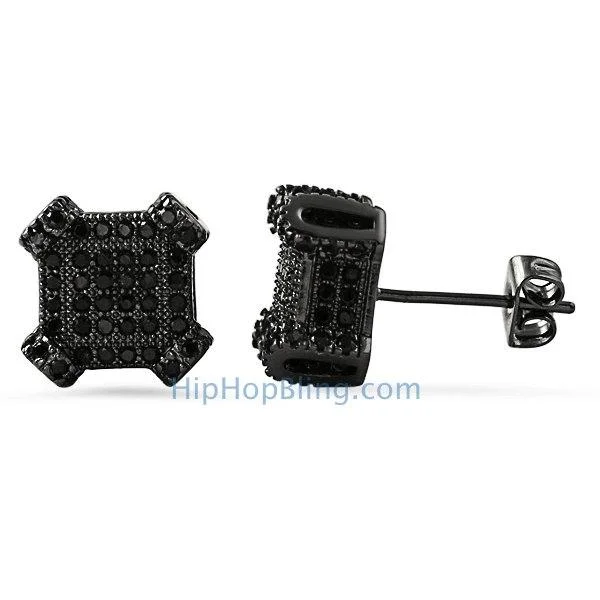 Earrings For Thick Chains-3D Edgy Box Black CZ Bling Bling Earrings