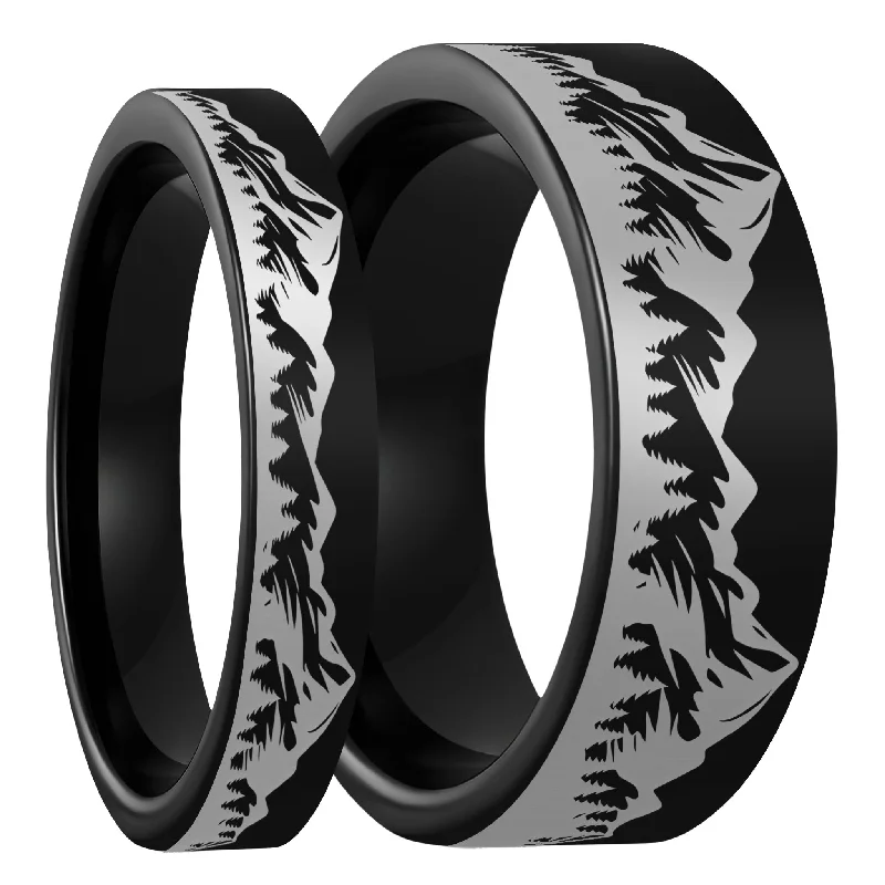 Rings Steal Reviews-Mountain Range Forest Black Tungsten Couple's Matching Wedding Band Set