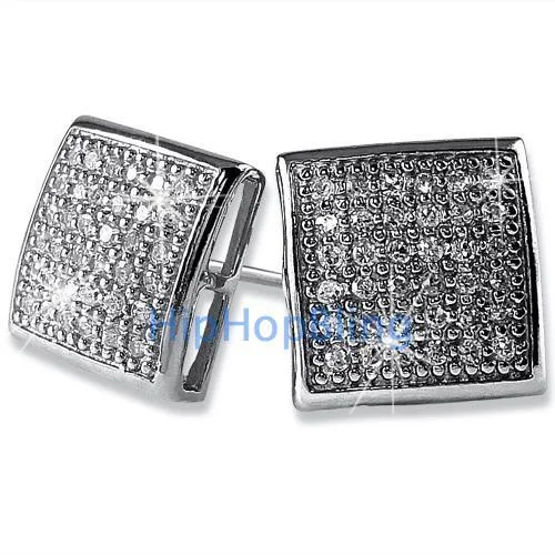 Earrings For Sunny Glow-Large Puffed Box CZ Micro Pave Bling Earrings .925 Silver