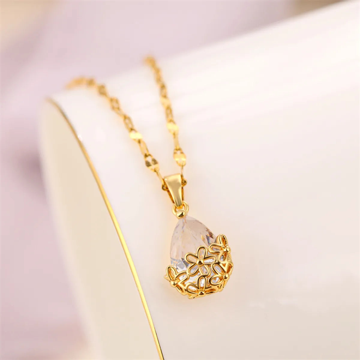 Necklaces For Coast Glow-Copper Titanium Steel 18K Gold Plated Simple Style Inlay Water Droplets Zircon Pendant Necklace