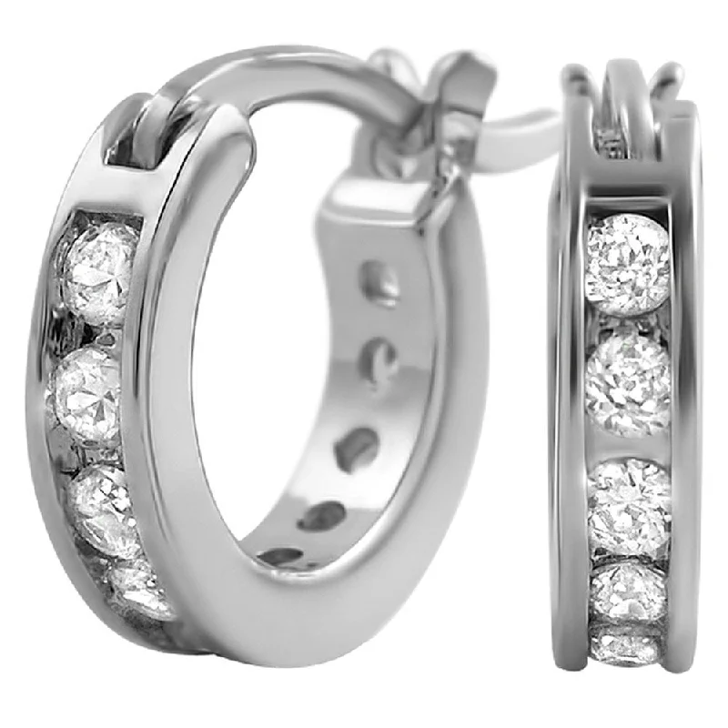 Earrings For Leisure Years-Channel Hoop Rhodium CZ Bling Bling Earrings