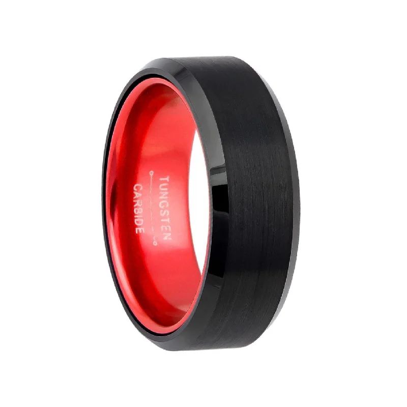 Rings With Sapphire Gleam-Flat Black Tungsten Men's Wedding Band with Contrasting Red Interior