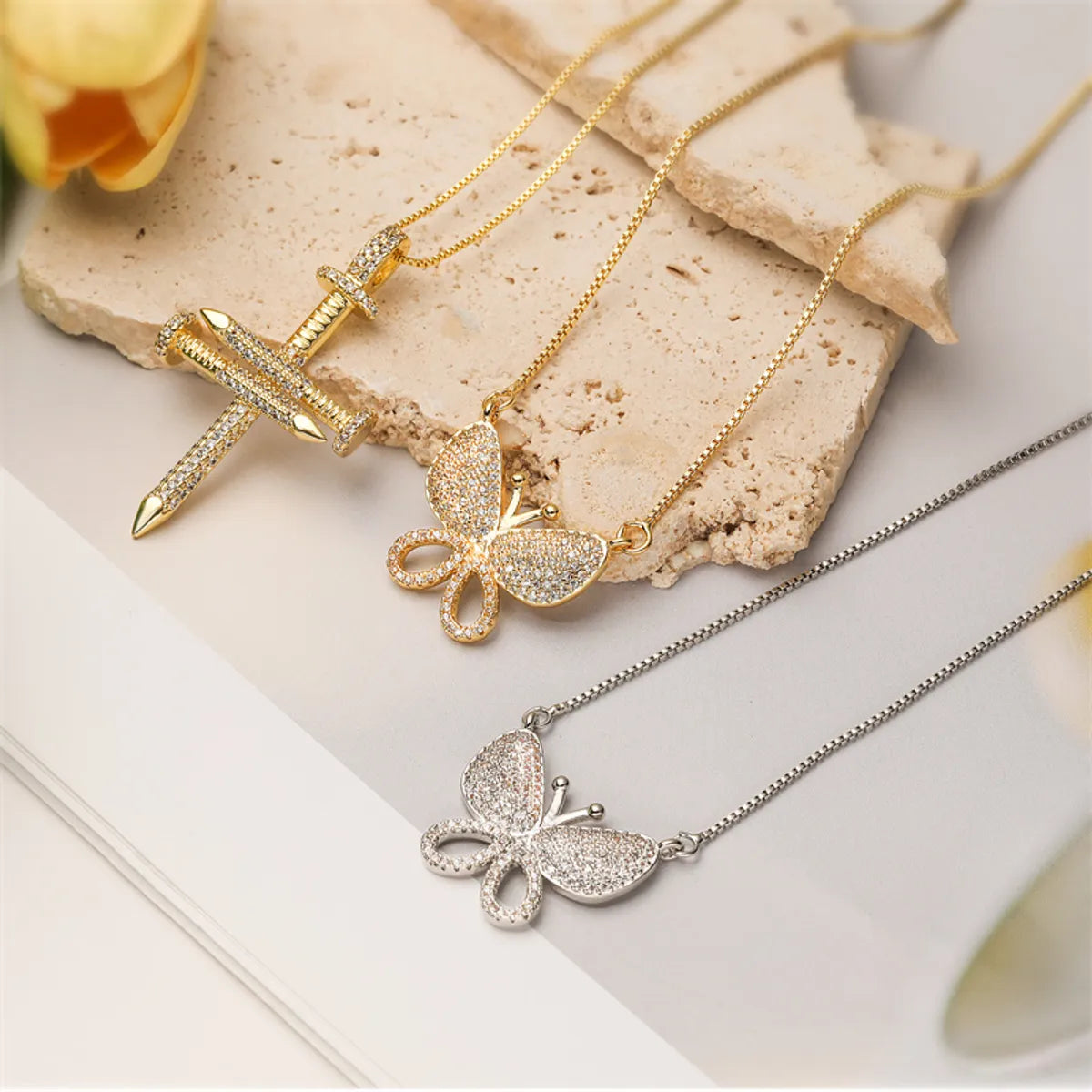 Necklaces For Town Pop-Copper Inlay Cross Butterfly Zircon Pendant Necklace