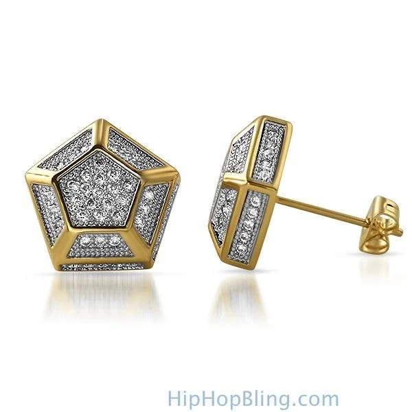 Earrings Look Chart-3D Pentagon Gold CZ Bling Bling Earrings