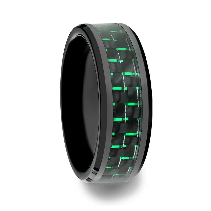 Rings With Jagged Contours-Black Ceramic Men's Wedding Band with Black & Green Carbon Fiber Inlay