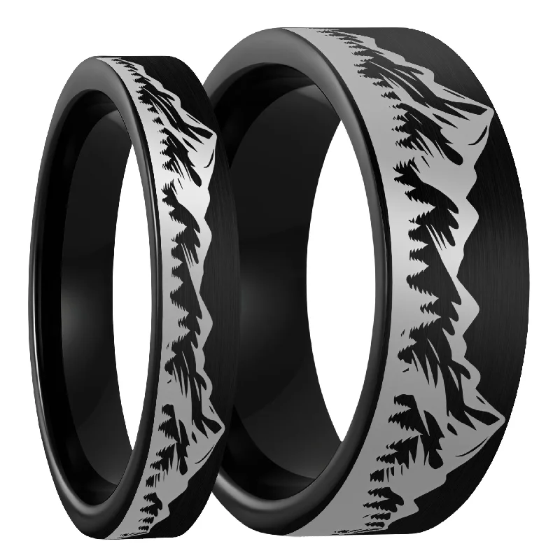 Rings For Personal Spark-Mountain Range Forest Brushed Black Tungsten Couple's Matching Wedding Band Set