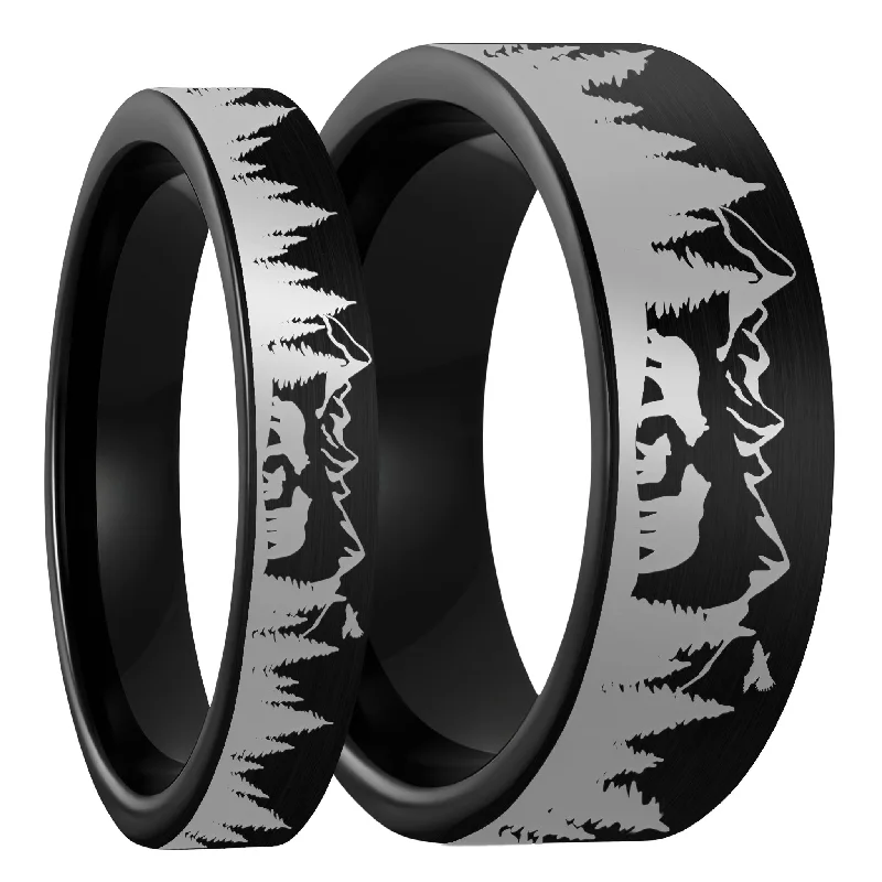 Rings For Narrow Grip-Bear & Cubs Landscape Scene Brushed Black Tungsten Couple's Matching Wedding Band Set