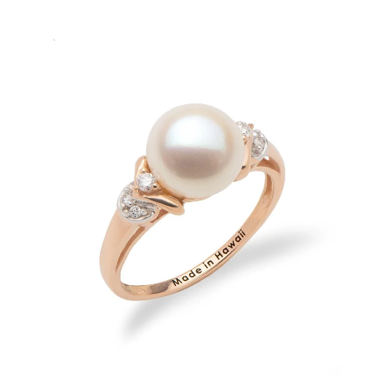 Rings Forging Stories-Freshwater White Pearl Ring in Rose Gold with Diamonds - 8-9mm