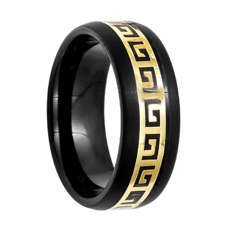 Rings For Timeless Wearers-Gold Greek Key Black Tungsten Men's Wedding Band