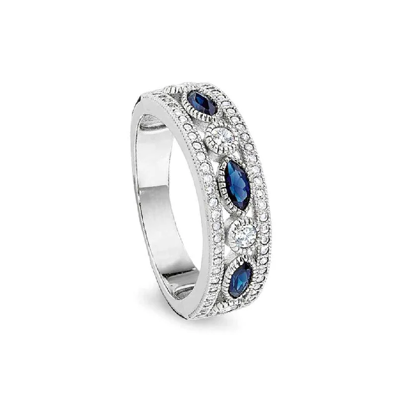 Rings For Seasoned Grace-Vintage-Style Ring with Synthetic Blue Sapphire & Simulated Diamonds