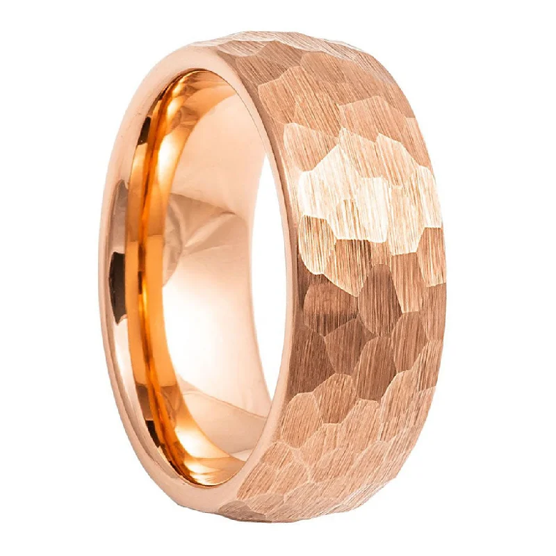 Rings With Prismatic Shine-Hammered Rose Gold Brushed Tungsten Men's Wedding Band