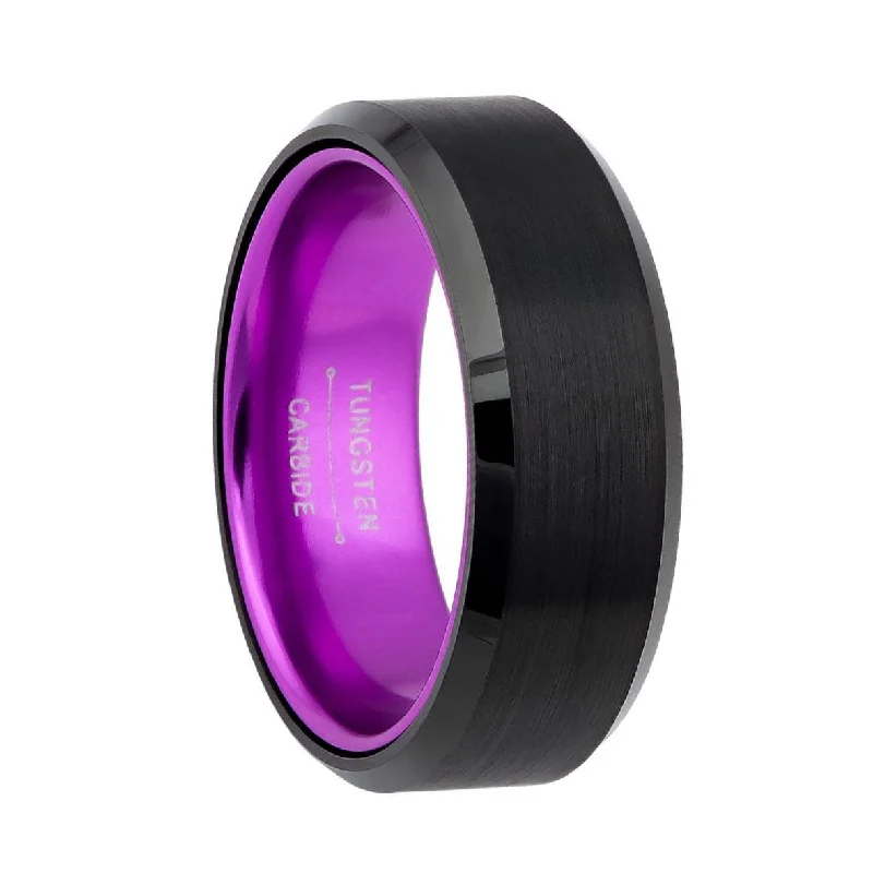 Rings For Harvest Festivals-Flat Black Tungsten Men's Wedding Band with Contrasting Purple Interior