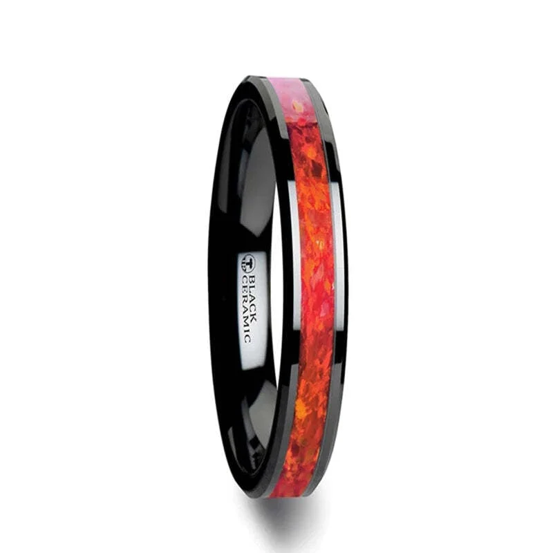 Rings For Intense Glow-Black Ceramic Women's Wedding Band with Red Opal Inlay