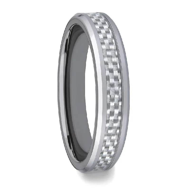 Rings For Overcast Moods-Tungsten Women's Wedding Band with White Carbon Fiber Inlay