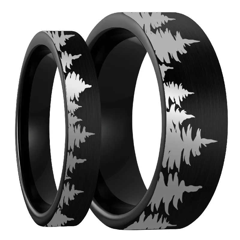 Rings For Balmy Breezes-Treeline Brushed Black Tungsten Couple's Matching Wedding Band Set