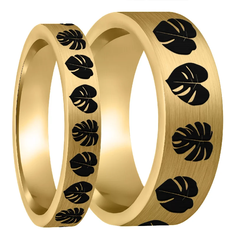 Rings For Compact Hands-Monsterra Leaves Brushed Gold Tungsten Couple's Matching Wedding Band Set