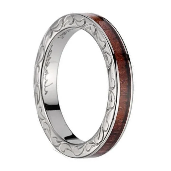 Earth Rings For Roots-Titanium Women's Wedding Band with Koa Wood Inlay & Hand Engraved Scroll