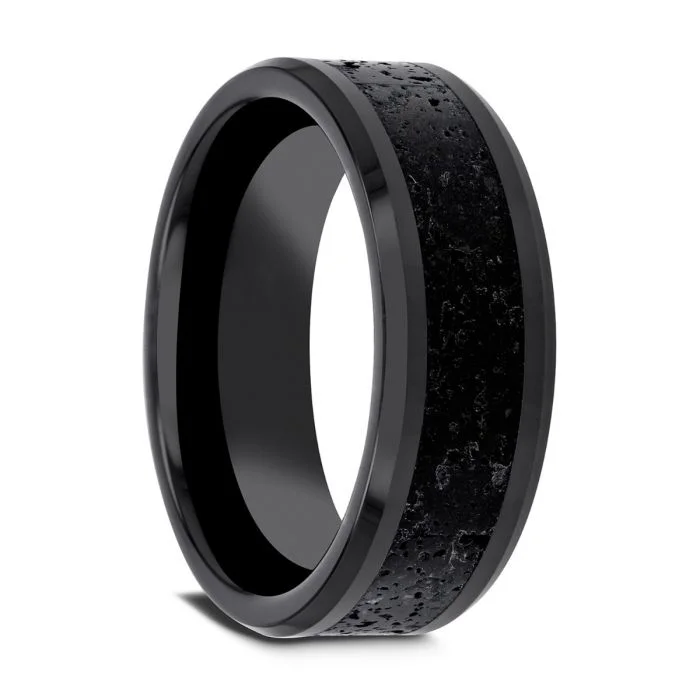 Rings For Tailored Fits-Black Ceramic Men's Wedding Band with Lava Rock Inlay