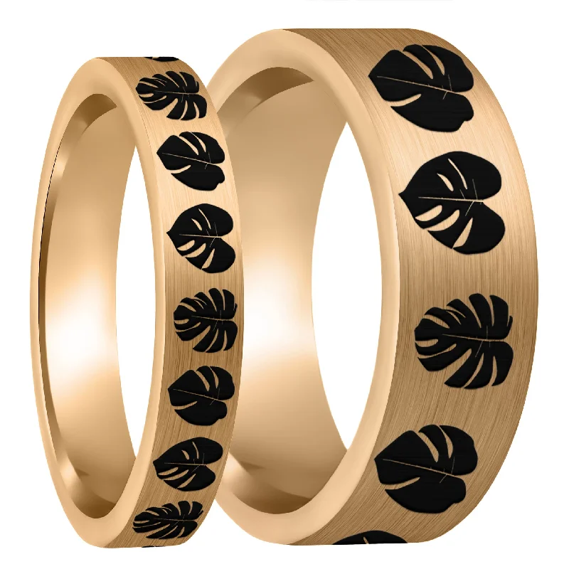 Rings For Striking Presence-Monsterra Leaves Brushed Rose Gold Tungsten Couple's Matching Wedding Band Set