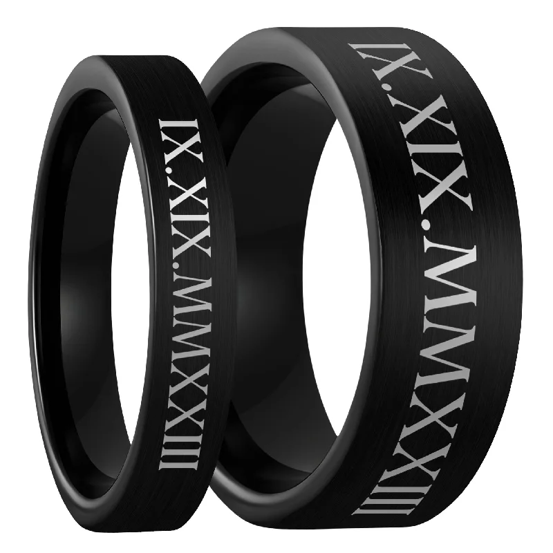 Rings For Fireside Gatherings-Roman Numeral Date Brushed Black Tungsten Couple's Matching Wedding Band Set