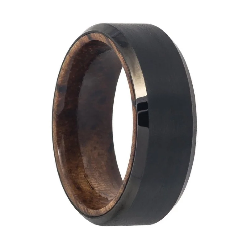 Rings For Fragile Wrists-Black Tungsten Men's Wedding Band with African Sapele Wood Interior