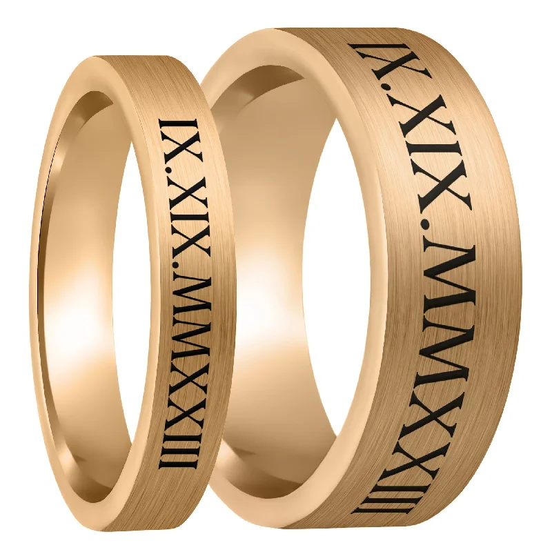 Rings Selection Strategies-Roman Numeral Date Brushed Rose Gold Tungsten Couple's Matching Wedding Band Set