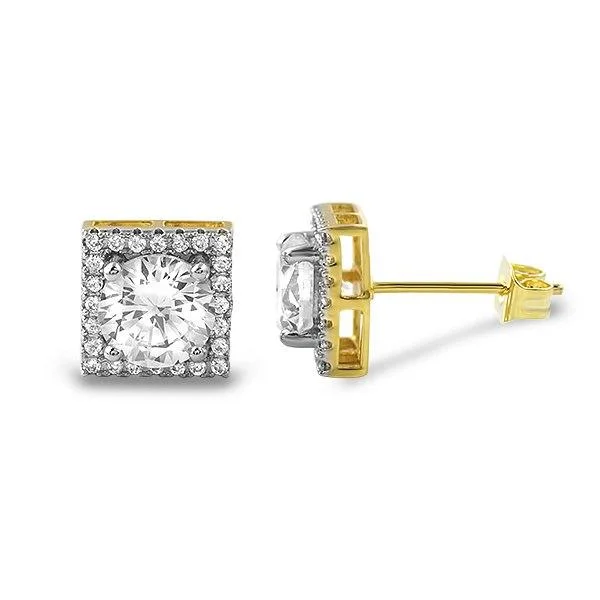 Earrings For Broad Chins-Square Halo Gold Iced Out CZ Earrings