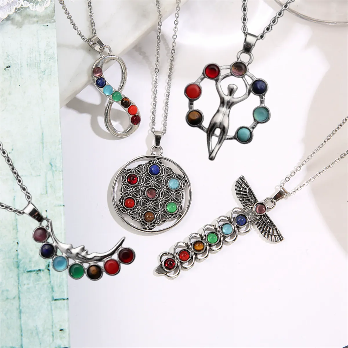 Necklaces For Hectic Days-Casual Cool Style Hexagon Cross Moon Stainless Steel Plating Inlay Gem Pendant Necklace Long Necklace